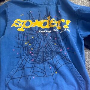 Blue Graphic Spider-Web Hoodie with Yellow Logo